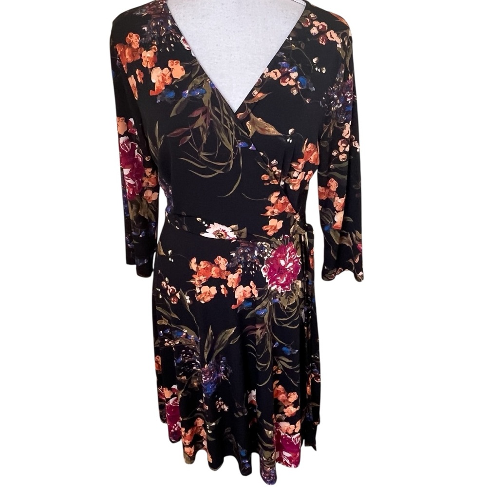 Hail3y:23 Black/Vibrant Mixed Color Floral Charlotte Jersey Faux Wrap Dress L